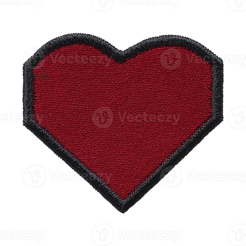 Red heart shaped patch with black border, symbolizing love and affection, is depicted in this image. textured fabric design adds tactile quality, making it suitable for clothing or accessories png