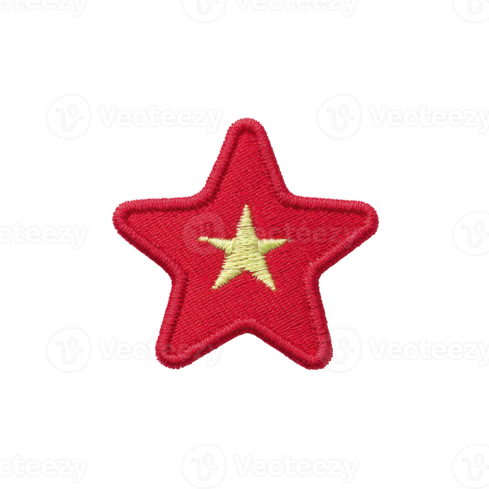 Red embroidered star patch with yellow star in center, symbolizing sense of pride and unity. patch is designed for clothing or accessories, adding bold statement png