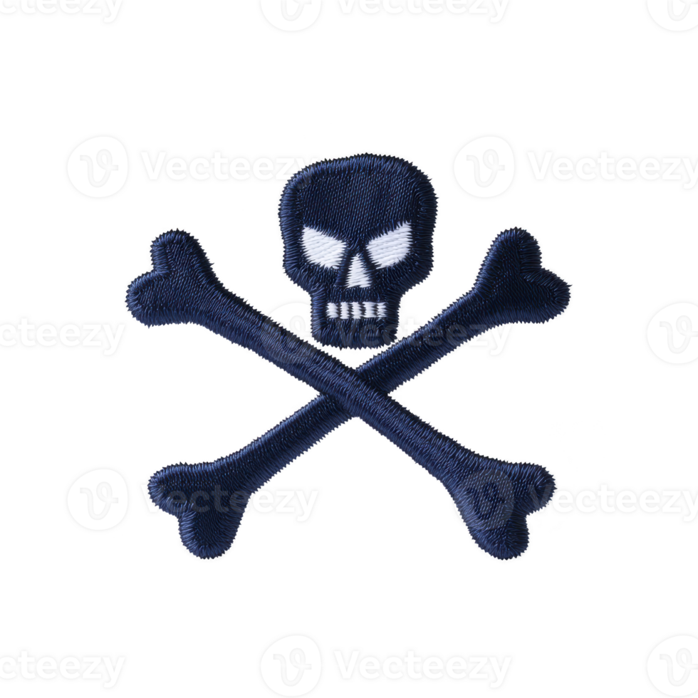 Skull and crossbones emblem with dark blue design and white accents, often associated with danger or pirate themes, is depicted in this image. emblem is embroidered, giving it textured appearance png