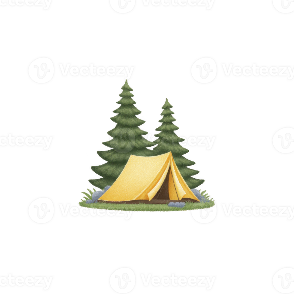 Yellow tent is set up in serene forest scene with two tall evergreen trees, surrounded by grass and small rocks, evoking sense of adventure and tranquility png