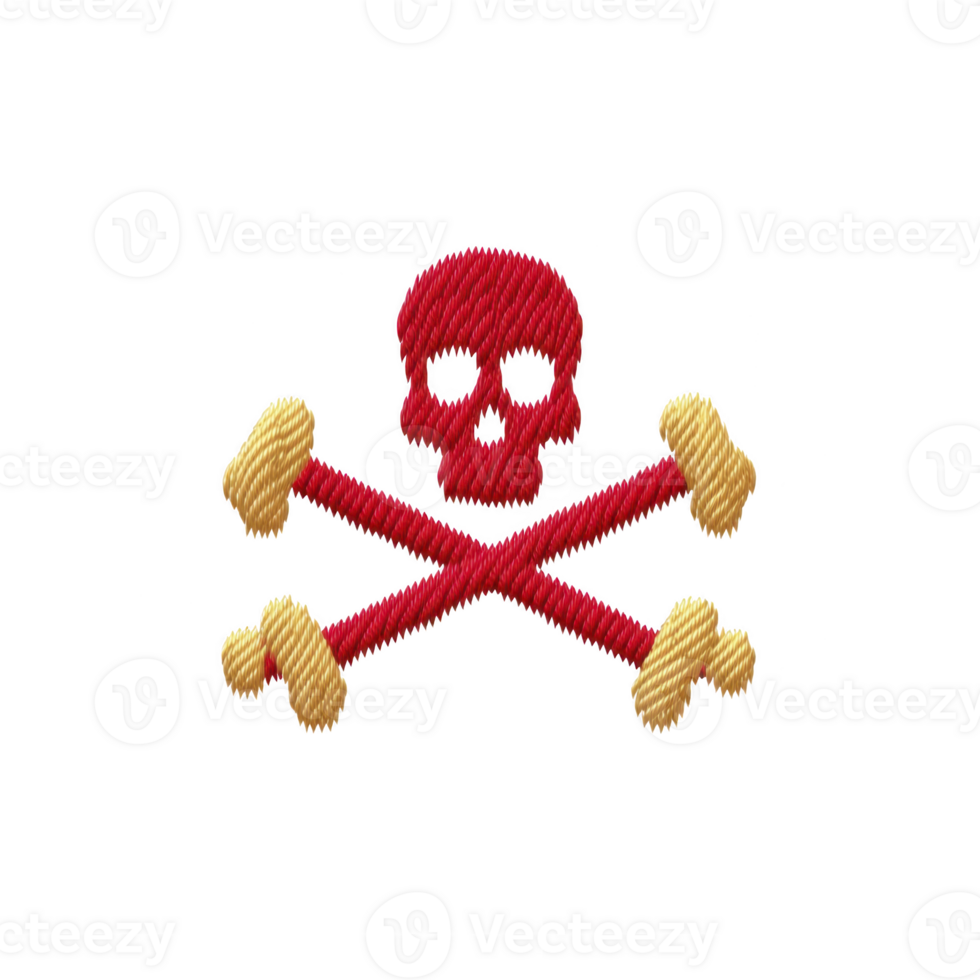 Red skull and crossbones design with yellow bones, resembling pirate emblem, is embroidered on transparency background. image conveys sense of adventure and danger png