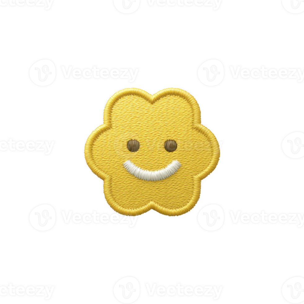 Cute, embroidered yellow flower with smiling face, featuring simple and cheerful design on transparent background. Perfect for adding touch of happiness to any project png