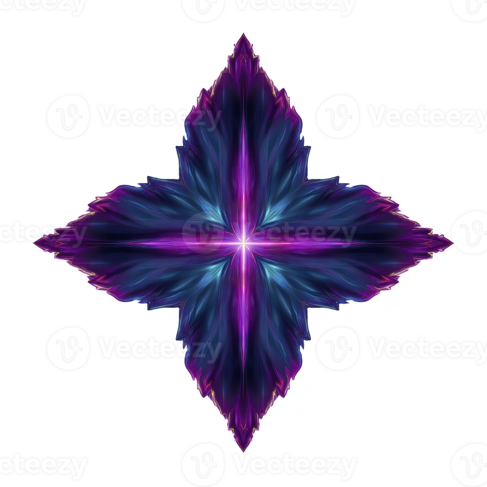 Vibrant, symmetrical abstract design with star like shape features vivid purple and blue hues, creating dynamic and mesmerizing visual effect. intricate pattern radiates from center, resembling png