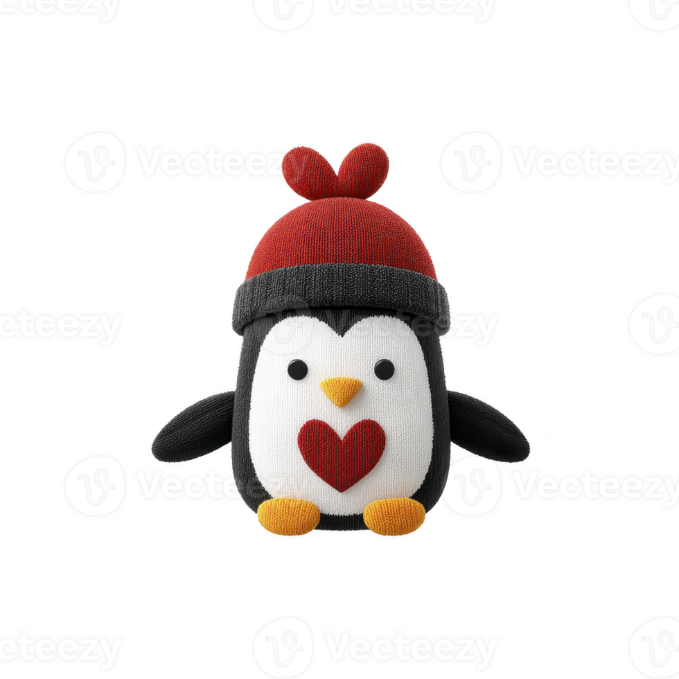 Cute penguin plush toy wearing red hat with heart design on its chest, isolated on transparency background. toy soft texture and adorable expression make it perfect for gifting png