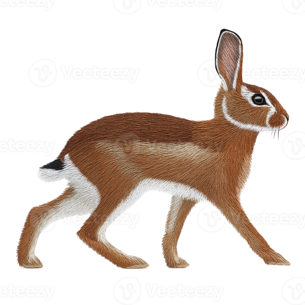 Realistic illustration of brown hare with detailed fur texture, long ears, and white underbelly, captured mid stride on transparent background png
