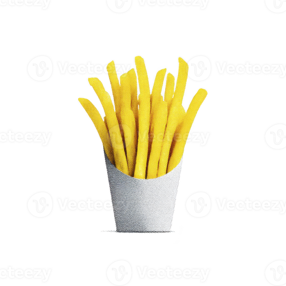 Crispy golden french fries in white paper container, isolated on transparency background, evoke sense of deliciousness and simplicity png