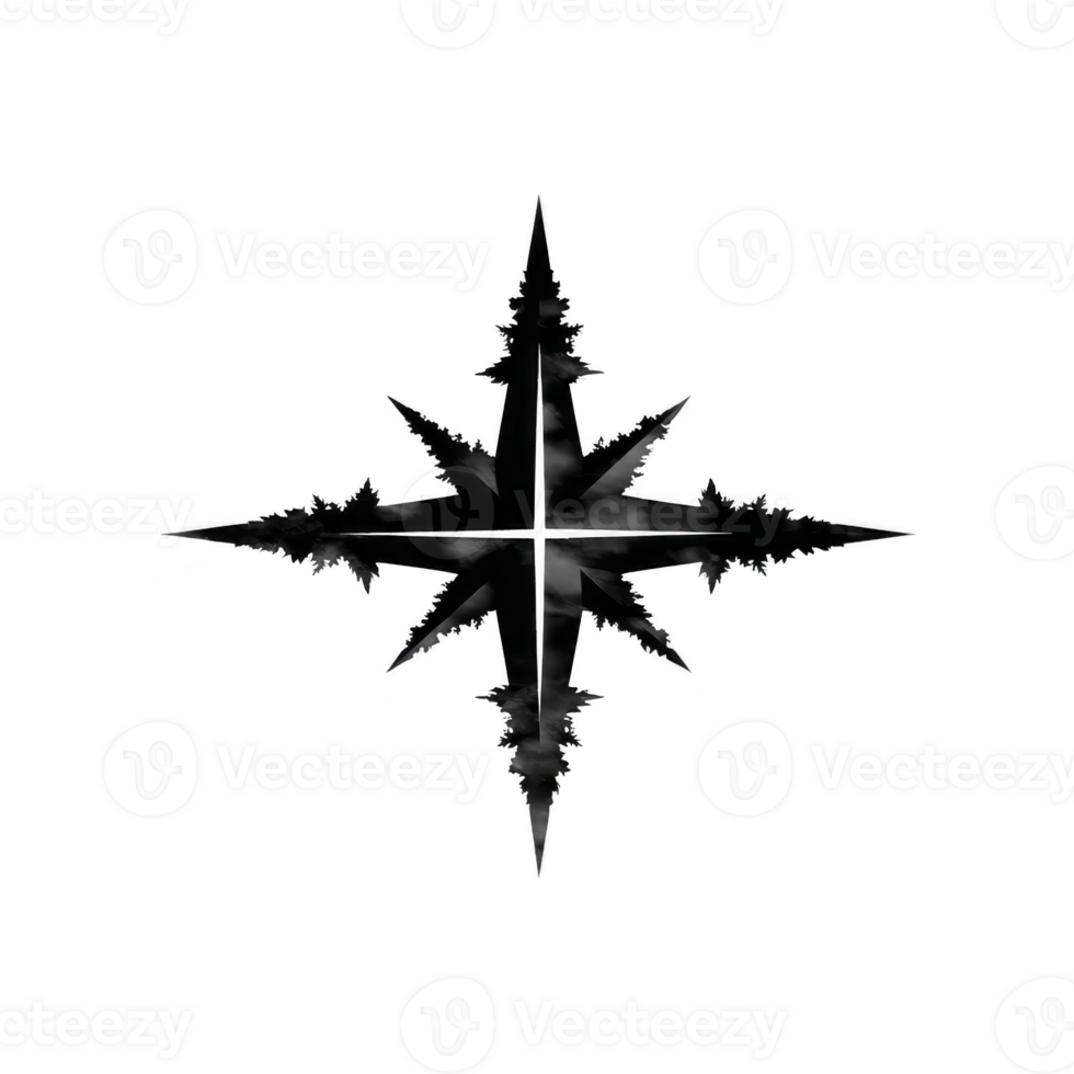 Black, intricate compass rose design with sharp, pointed edges on transparent background, symbolizing direction and navigation. symmetrical pattern adds sense of balance and precision png