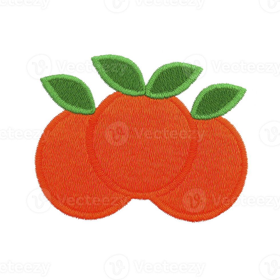 Three embroidered orange fruits with green leaves are depicted in simple, colorful design. stitching detail adds texture, creating playful and vibrant appearance png
