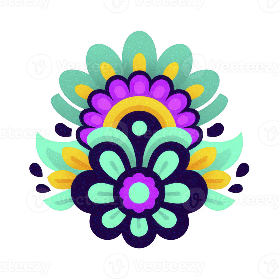 Vibrant, symmetrical floral design features bold colors like purple, teal, and yellow, creating striking and decorative pattern. intricate arrangement evokes sense of joy and creativity png