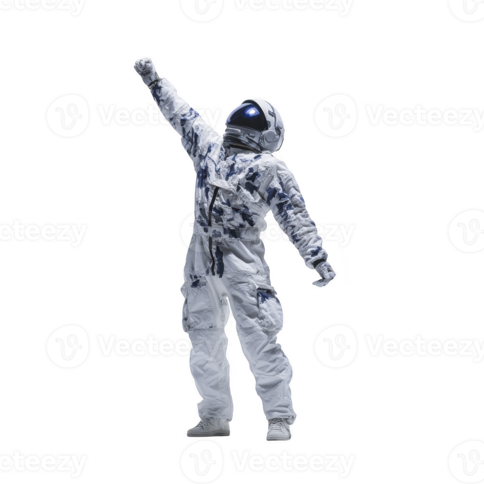 Astronaut in white and blue spacesuit stands triumphantly with one arm raised, evoking sense of achievement and exploration. suit features digital camouflage pattern png