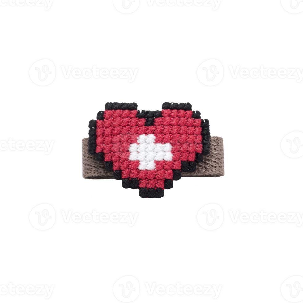 Pixelated heart shaped ring with red and white design is set against plain background. ring features woven texture, creating playful and nostalgic feel reminiscent of retro games png