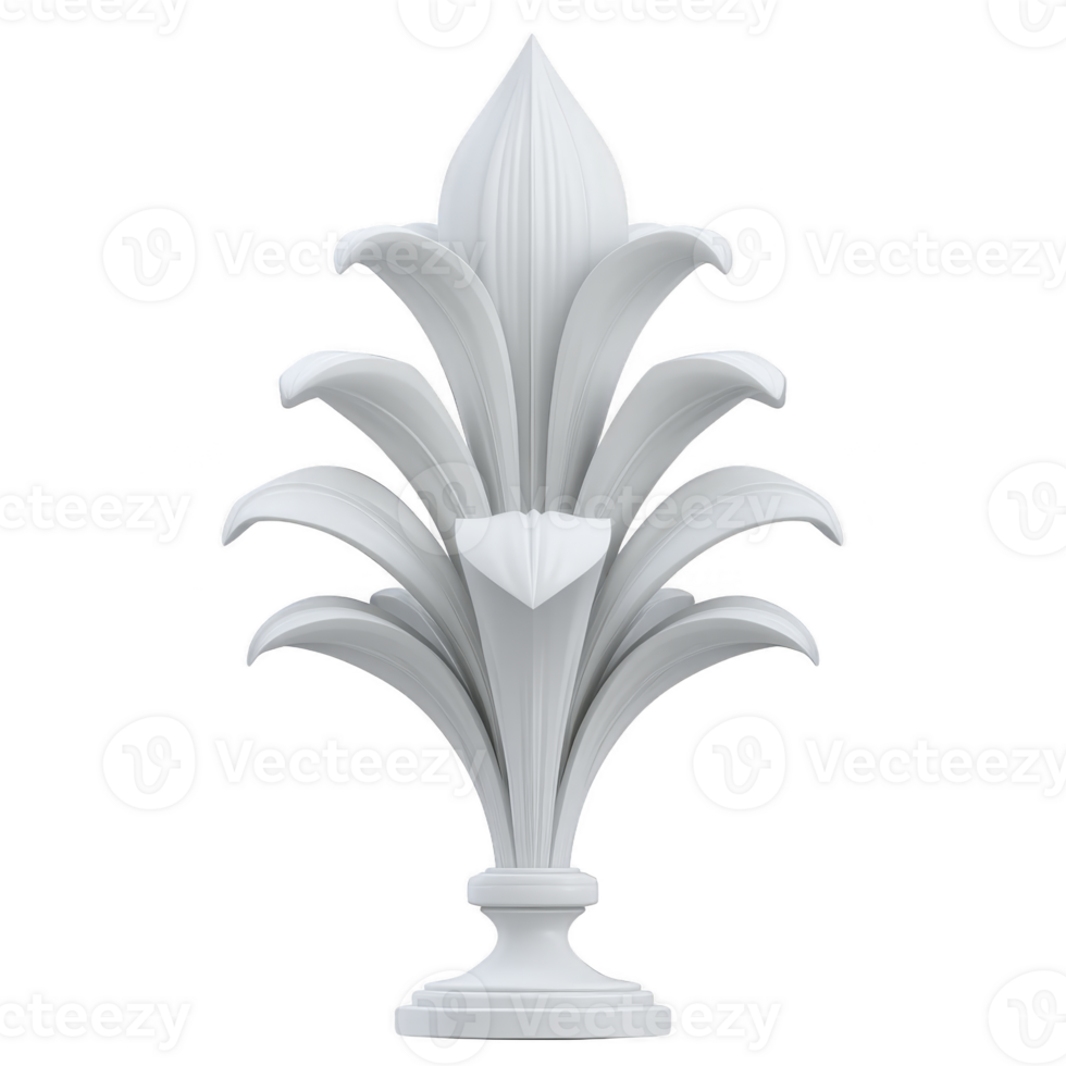 White, ornate, decorative finial with floral design, resembling stylized acanthus leaf, stands elegantly on pedestal. intricate detailing and symmetrical form evoke sense of classical architecture png