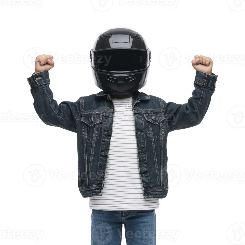 Child wearing black motorcycle helmet and denim jacket raises their arms in excitement. outfit includes striped shirt and jeans, creating playful and adventurous look png