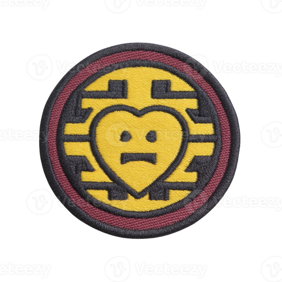 This shows circular embroidered patch featuring stylized heart with face, set against geometric background. patch has yellow and black design with maroon border png