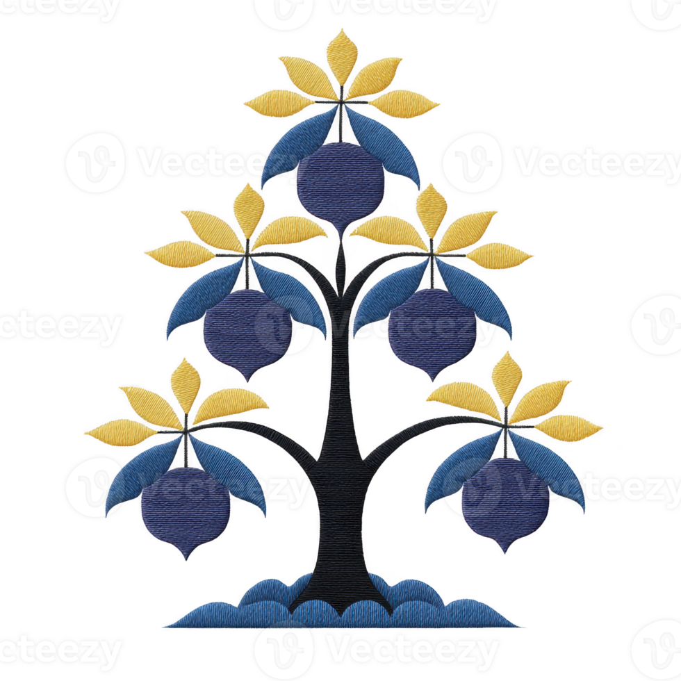 Stylized tree design features blue and yellow leaves with blue fruits, creating symmetrical and artistic pattern. tree has dark trunk and decorative base, giving it modern and abstract appearance png