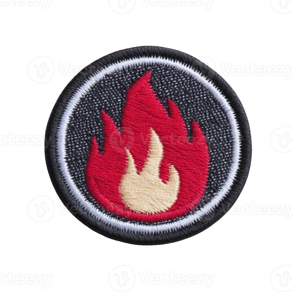 Round embroidered patch features red and yellow flame design on transparency background, symbolizing energy or fire. patch is bordered with white and black edge, adding contrast png