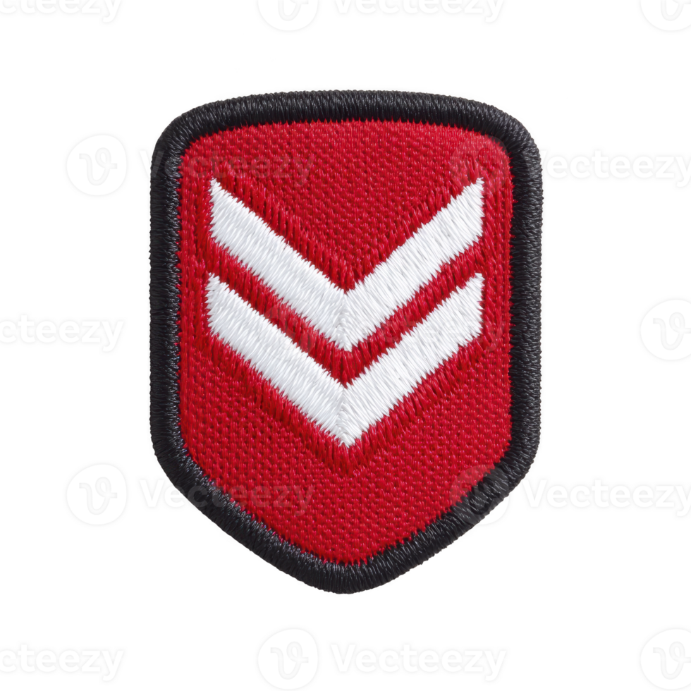 Red embroidered patch with two white chevrons, outlined in black, symbolizing rank or achievement. design is simple and bold, often used in military or organizational contexts png