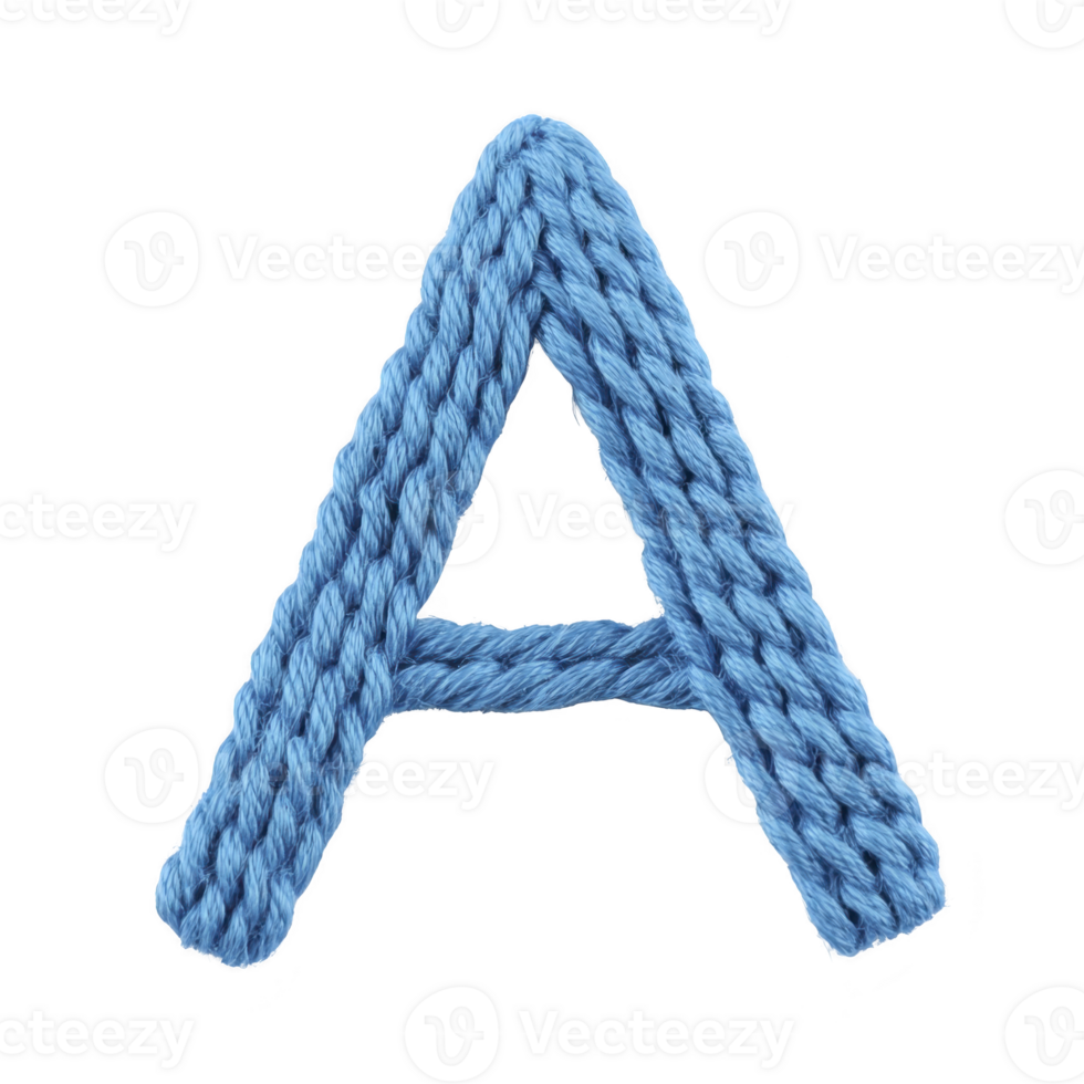 Blue yarn letter is crafted with textured fibers, showcasing handmade and creative design. soft material and vibrant color add playful touch to alphabetic character png