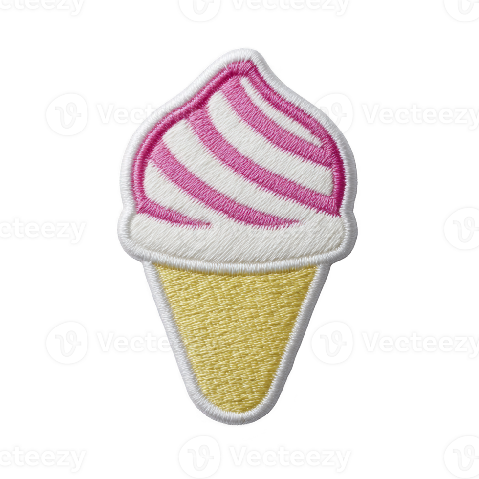 Colorful embroidered patch of ice cream cone with pink and white swirled ice cream on yellow cone, showcasing playful and fun design png
