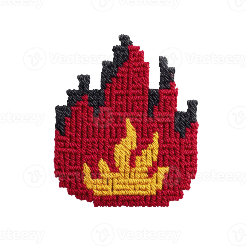 This features colorful embroidered patch depicting stylized flame design with red, yellow, and black threads. patch has textured, woven appearance, adding handmade feel png