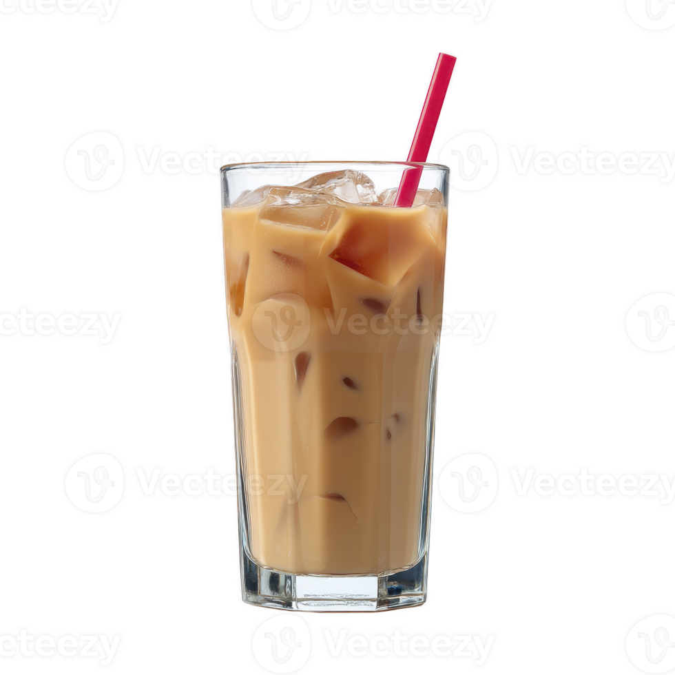 Refreshing glass of iced coffee with red straw, filled with ice cubes, showcasing creamy texture. Perfect for cool, energizing drink on warm day png