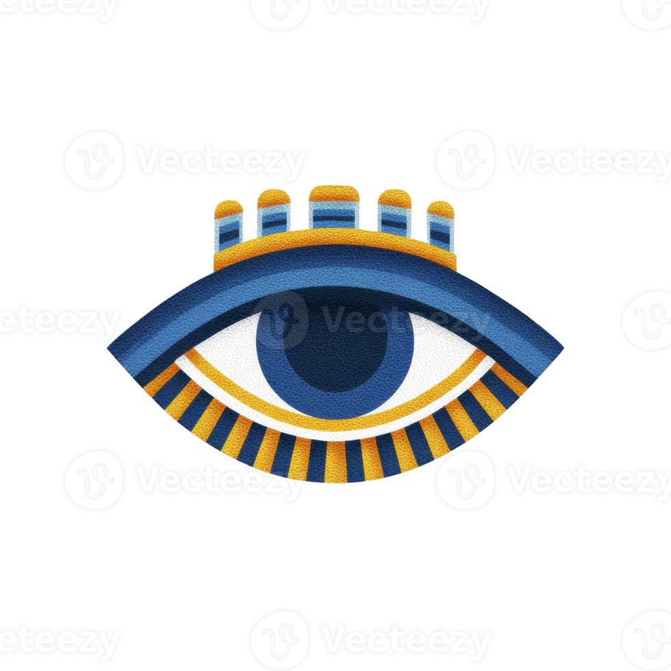 This features stylized eye design with blue and yellow colors, resembling ancient Egyptian art. eye is detailed with geometric patterns and bold lines, creating striking visual effect png
