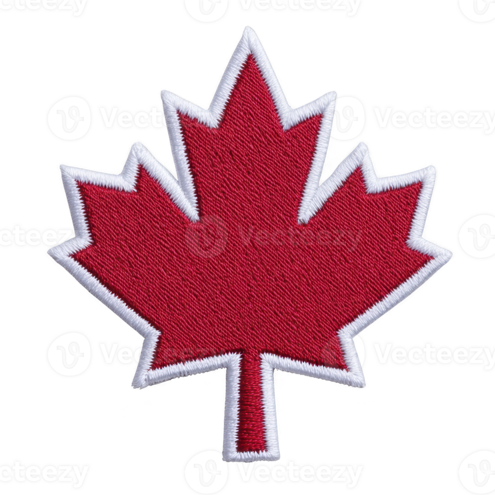 Red maple leaf patch with white border, symbolizing Canada, is depicted. design is simple and iconic, often associated with Canadian identity and pride png