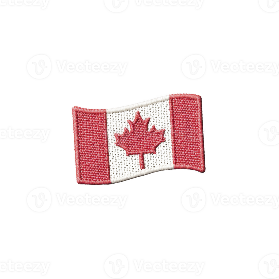 Small embroidered patch of Canadian flag, featuring red maple leaf centered on transparency background with red vertical bands on each side. patch has textured fabric appearance png