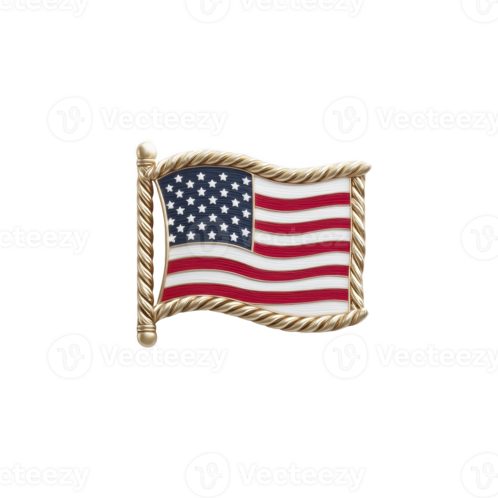 Gold framed pin features American flag with red, white, and blue colors, symbolizing patriotism and national pride. flag is depicted waving, adding dynamic touch to design png