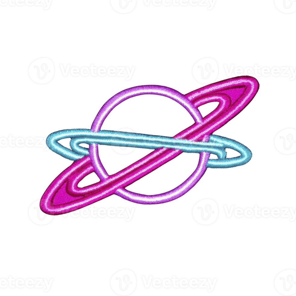 Vibrant, embroidered patch design features stylized planet with intersecting rings in neon pink, purple, and blue hues, set against transparency background png