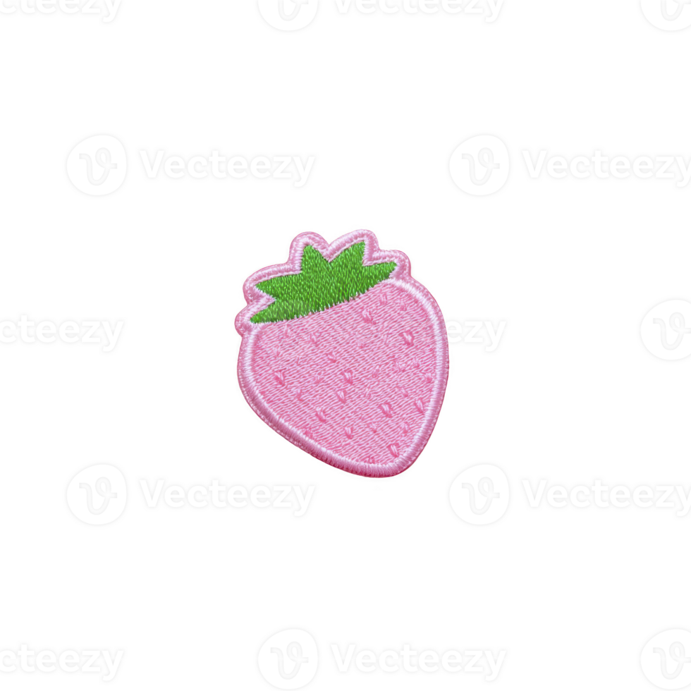 Pink strawberry patch with green leaves, featuring embroidered details, is set against plain background. design is simple and playful, ideal for clothing or accessories png