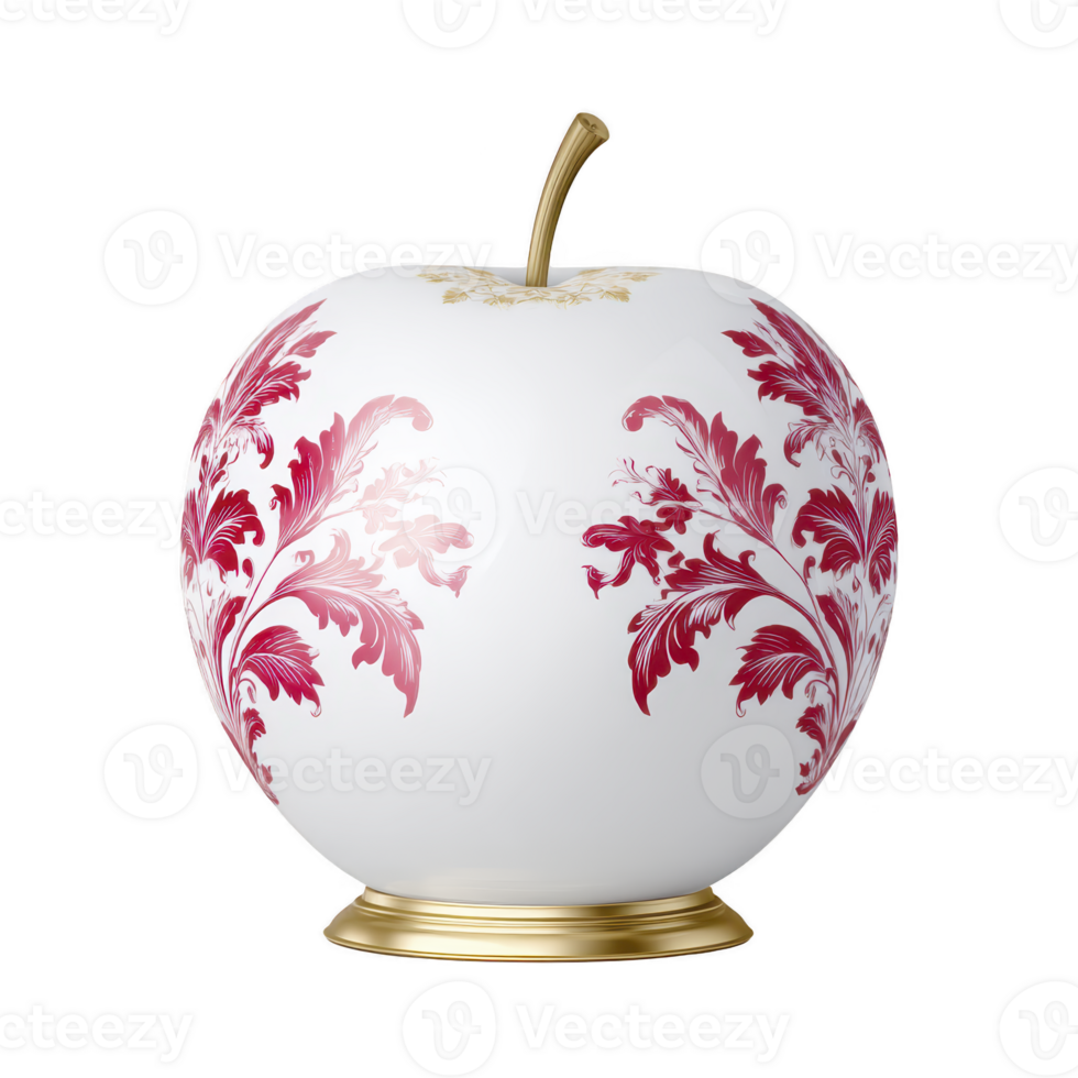 Decorative ceramic apple with intricate red floral patterns and golden stem and base, showcasing elegance and artistry. design is both classic and modern, perfect for home decor png