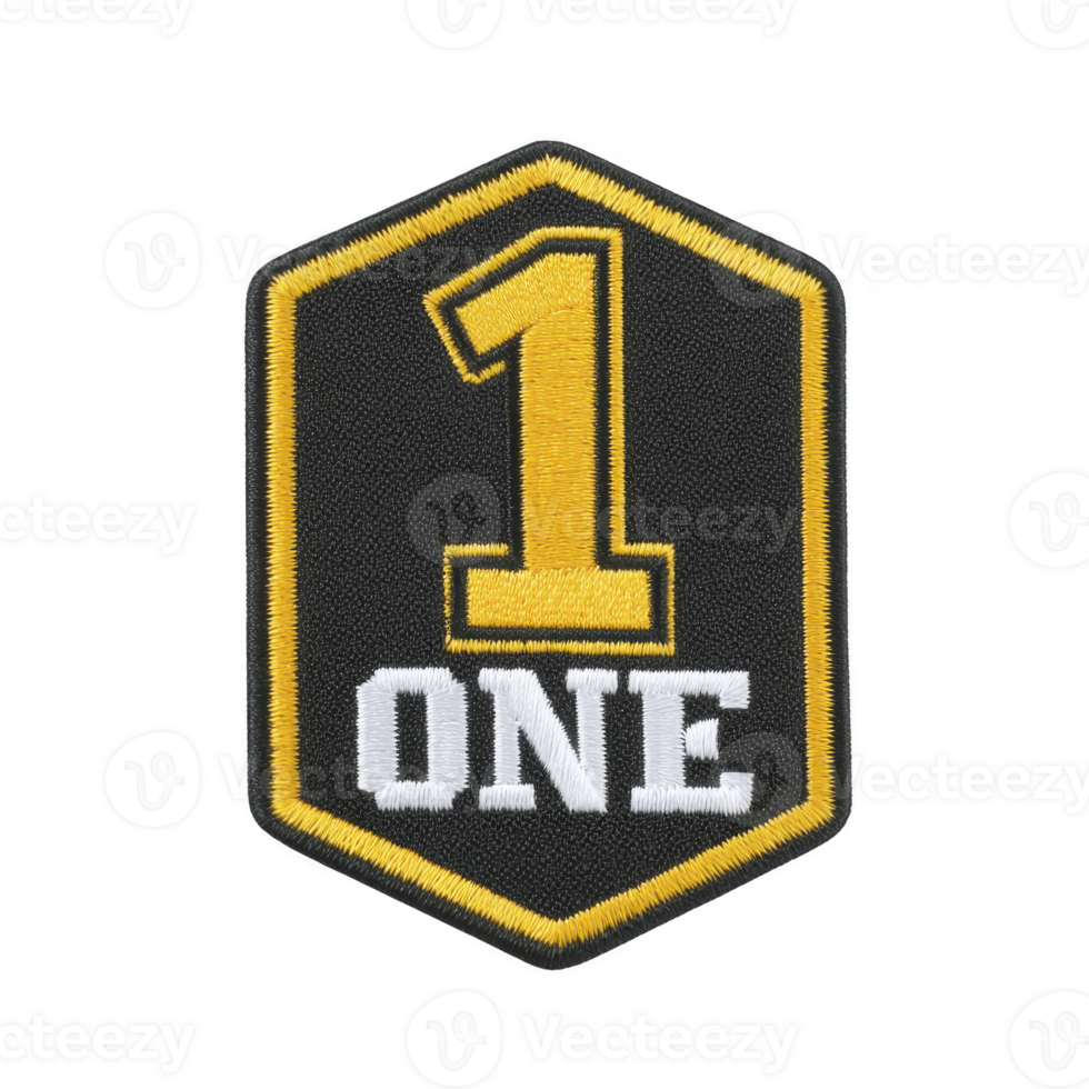 Patch with bold yellow number one and word ONE below it, outlined in yellow on transparency background, symbolizing unity or leadership png