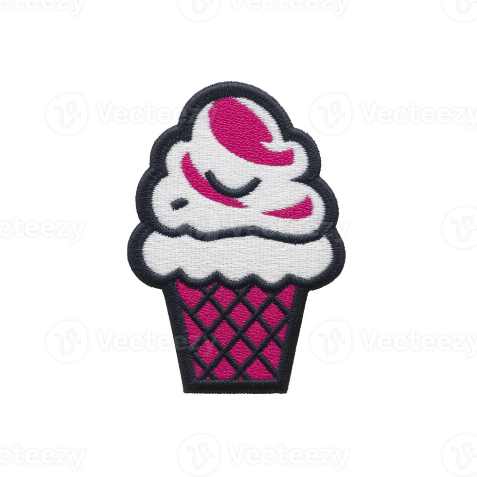 Embroidered patch of pink and white ice cream cone with smiling face, featuring waffle pattern on cone. design is outlined in black, giving it playful and cheerful appearance png