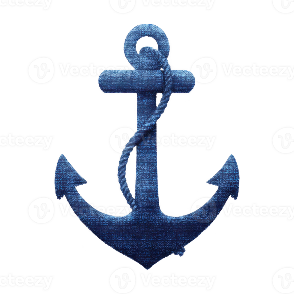 Blue fabric anchor with rope wrapped around it, symbolizing nautical themes and maritime adventures. texture and color evoke sense of calm and stability png