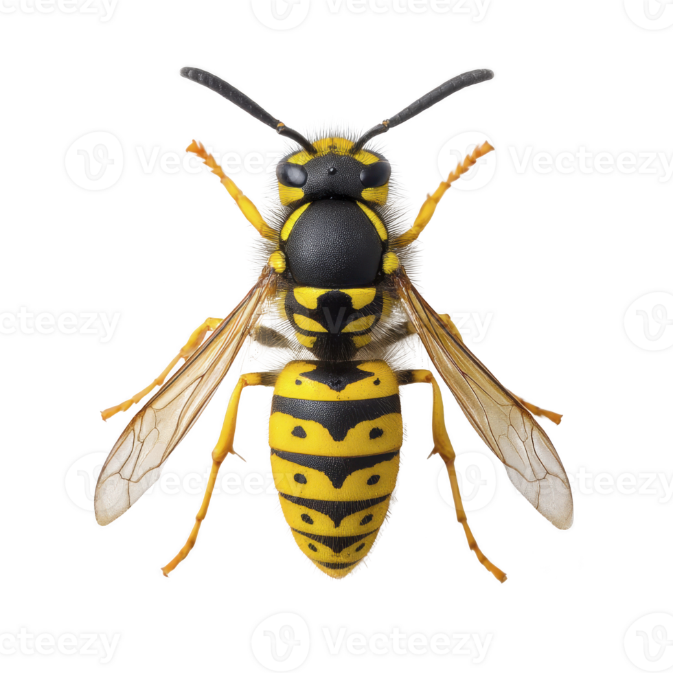 Close up image of yellow and black wasp with detailed wings and antennae, showcasing its vibrant colors and intricate patterns. wasp is isolated on transparency background png