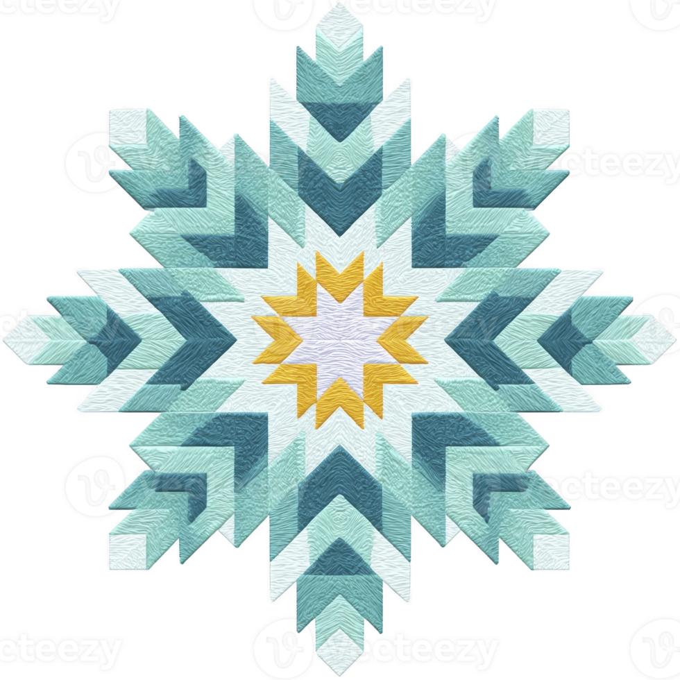 This features geometric snowflake design with intricate patterns shades of blue, teal, and yellow, creating symmetrical and visually appealing motif. design resembles embroidery or quilt pattern png