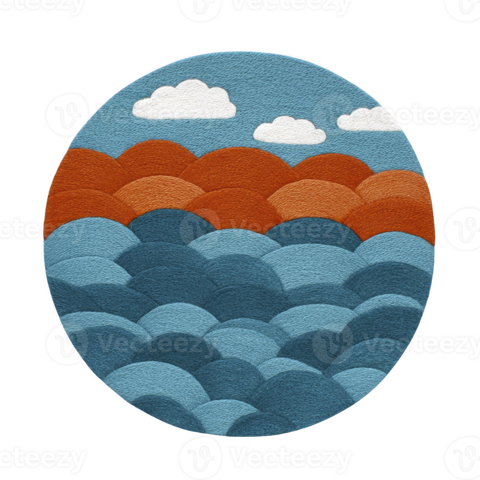Circular illustration features pattern of overlapping blue and orange semicircles resembling waves or hills, with small white clouds above, creating serene and abstract landscape png