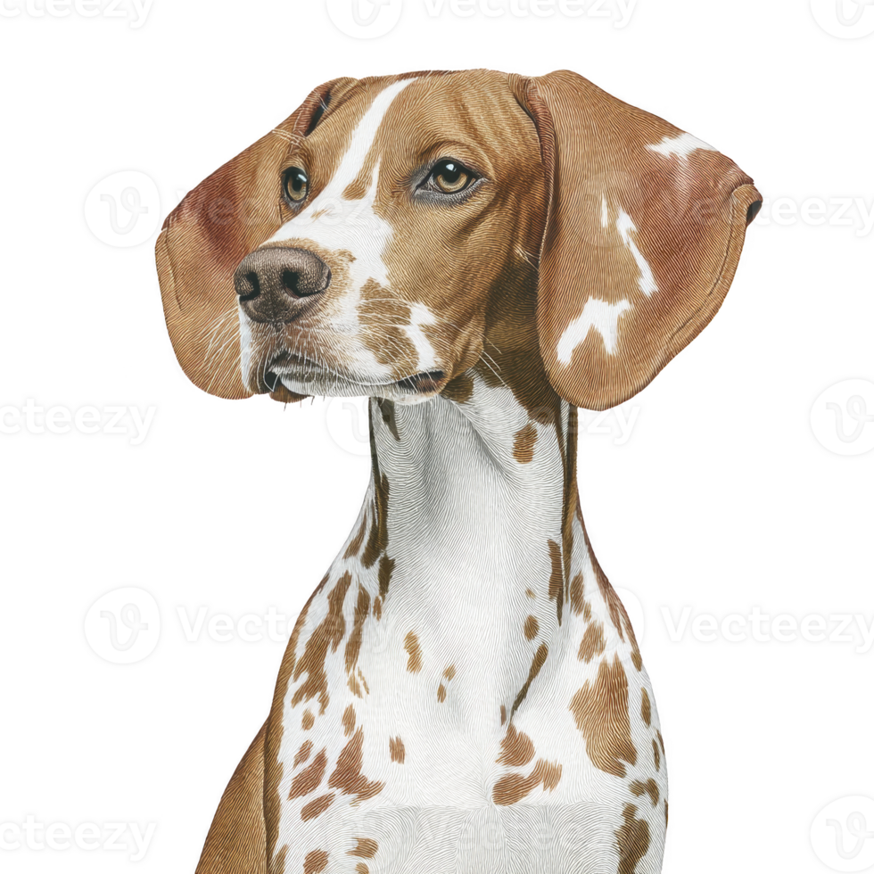 Brown and white spotted dog with large ears and focused expression sits against transparency background. dog coat is smooth, and its posture is attentive, suggesting alertness png