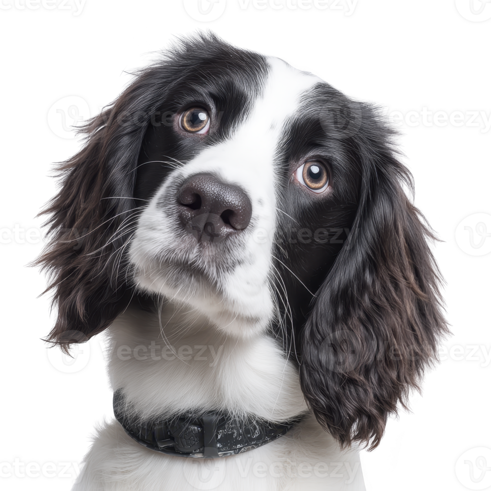 Cute black and white dog with floppy ears and curious expression looks directly at camera. dog head is slightly tilted, adding to its endearing appearance png