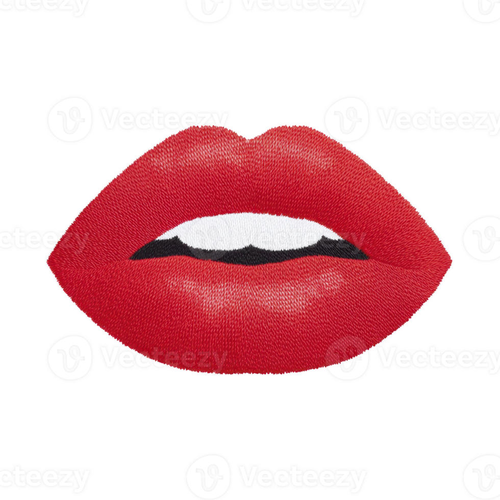 Vibrant red lips patch with playful expression, featuring white teeth and transparency background. design is bold and eye catching, perfect for fashion embellishments png