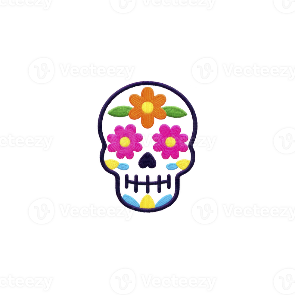 Colorful embroidered skull patch with vibrant flowers, inspired by Day of Dead designs. intricate details and bright colors create festive and lively appearance png