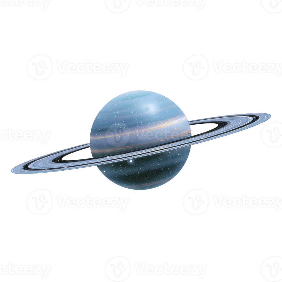 Digitally rendered image of blue planet with rings, resembling Saturn, set against transparent background. planet surface features swirling patterns and subtle glow png