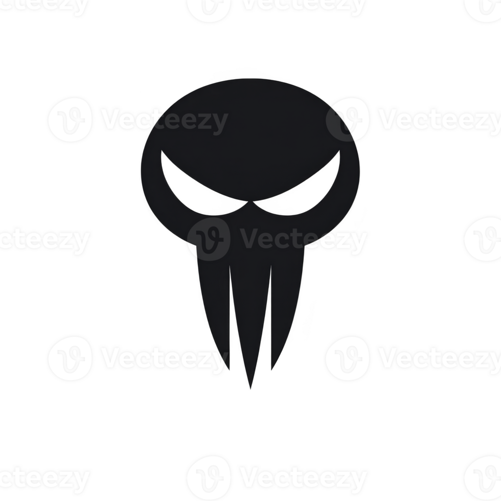 This features black skull with elongated teeth and menacing eyes, set against transparent background. design is simple yet striking, evoking sense of mystery and intensity png