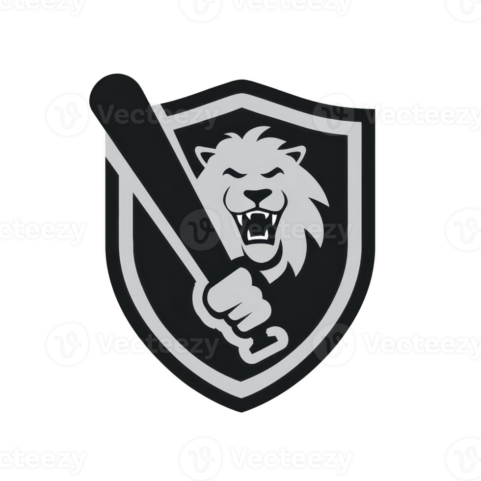 Fierce lion emblem with baseball bat is set against shield, symbolizing strength and sportsmanship. monochrome design adds classic and bold touch png