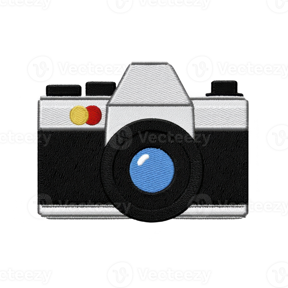 Digital illustration of vintage camera with blue lens and colorful buttons, showcasing retro design. image has textured, embroidered appearance, adding unique artistic touch png