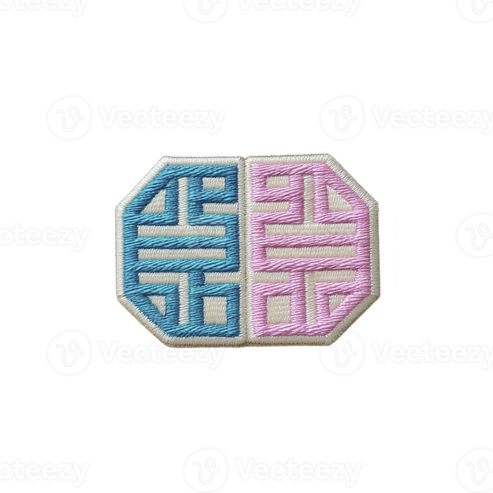 This shows embroidered patch with geometric design, featuring blue and pink sections. pattern is symmetrical and intricate, creating visually appealing contrast.embroidered patch with geometric png