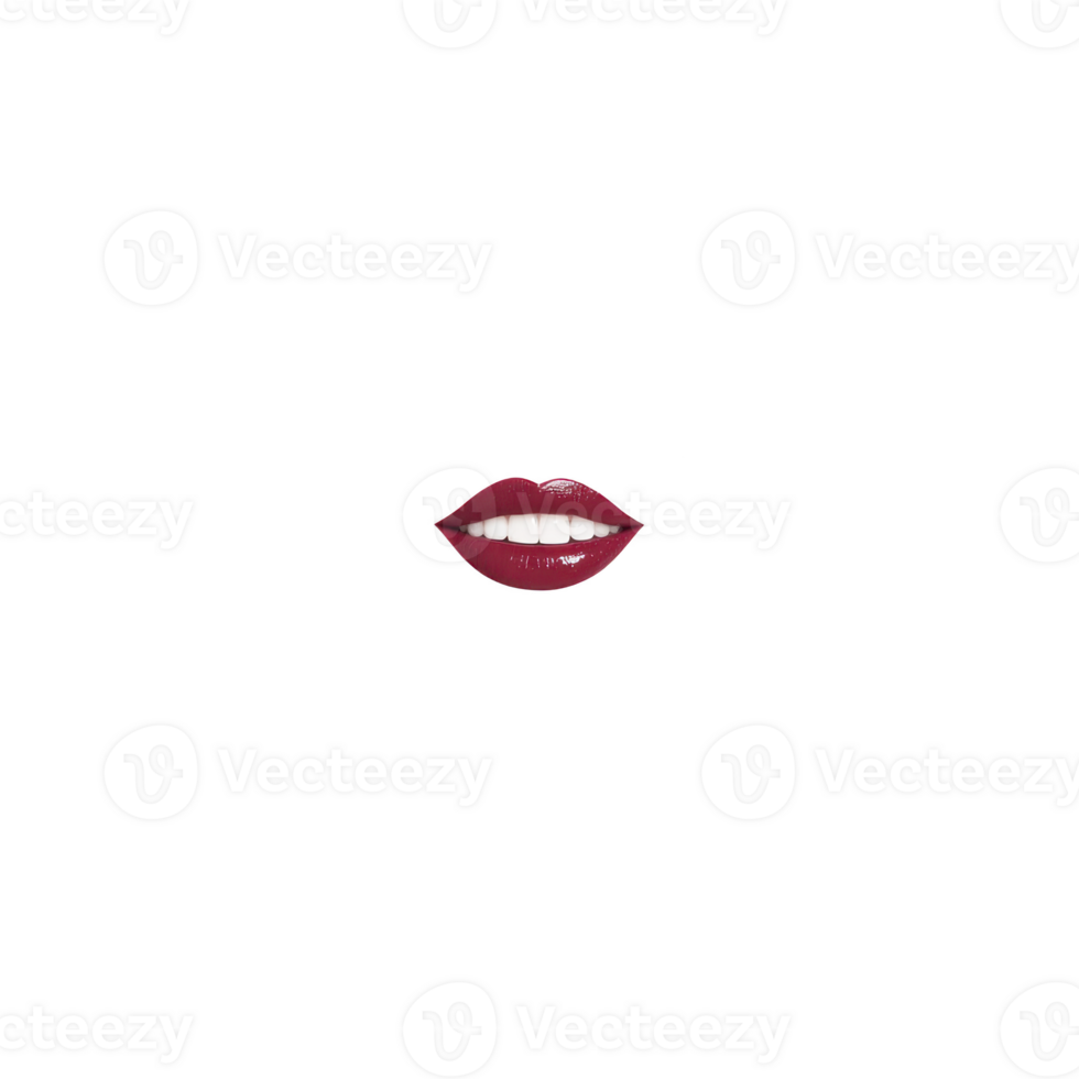 Red lips with glossy finish and white teeth create striking and bold visual. vibrant color and shine add touch of glamour and elegance to image png