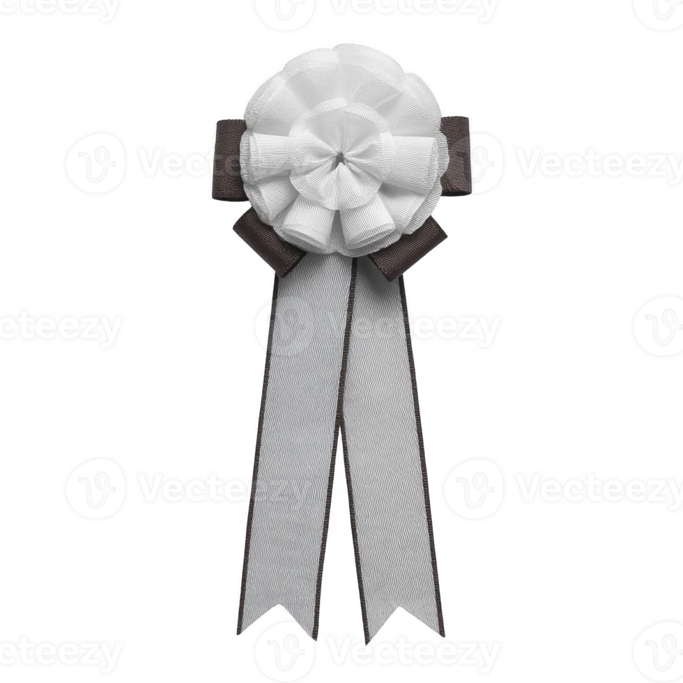 White and brown ribbon rosette with two long tails, often used for awards or decorations, is displayed against plain background. rosette features layered, pleated design png
