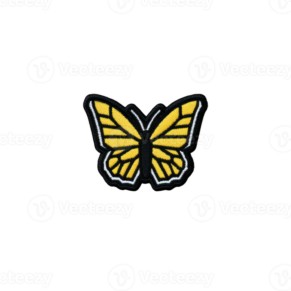Vibrant yellow butterfly patch with black outlines and intricate wing patterns, set against plain background, evokes sense of nature and transformation png